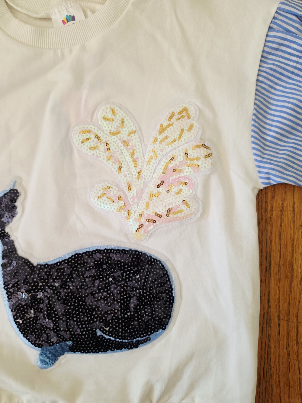 NEW! Girls White Whale Sequin Tee with Blue Stripe Sleeve Size 6-7